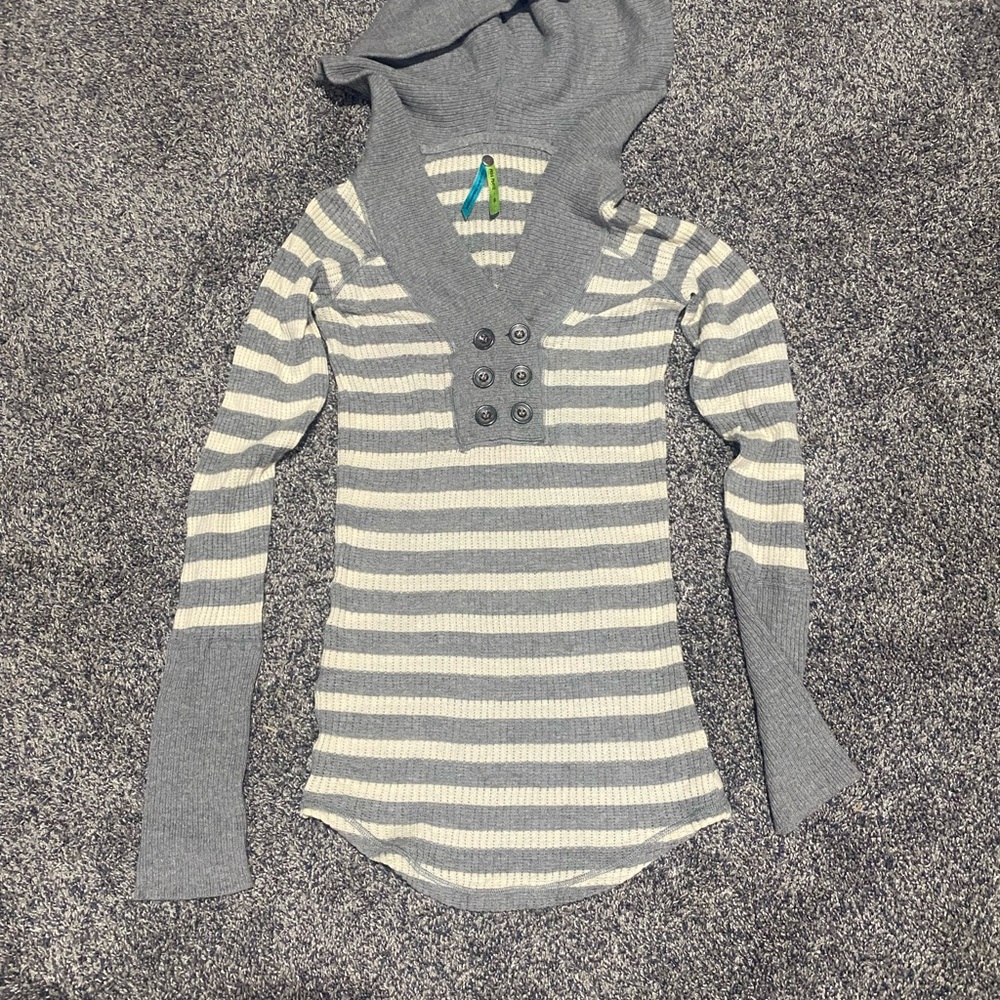 Free People Rare Gray and White Striped Hoodie Sweater